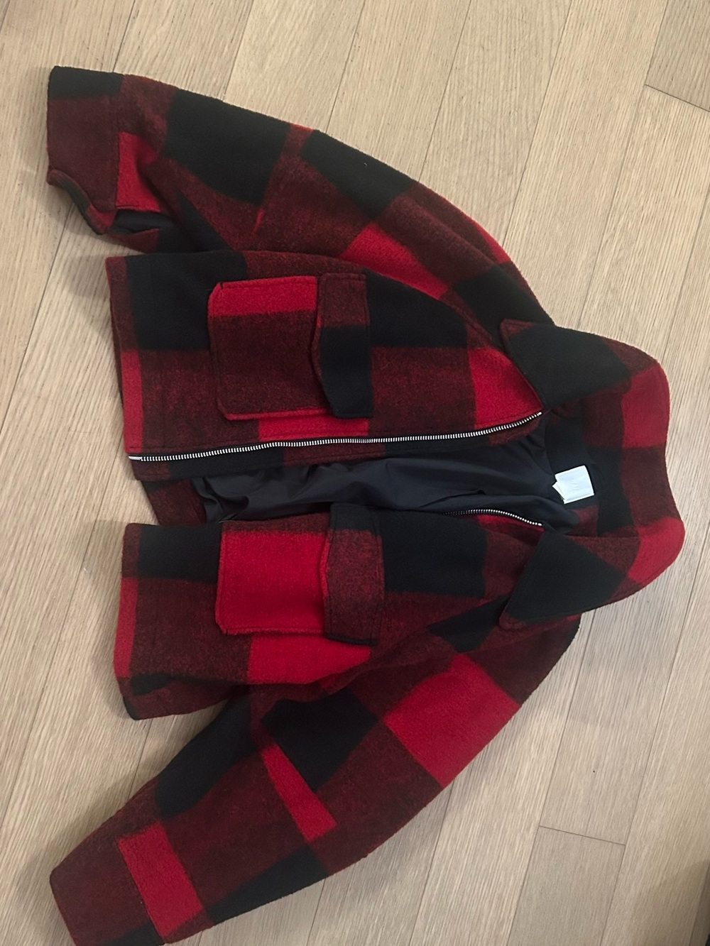 H&M Red and Black Plaid Pea jacket